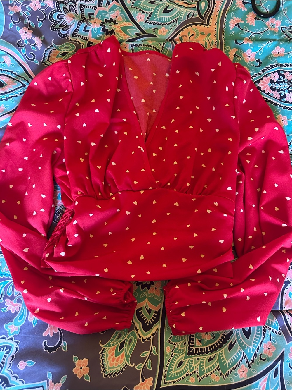 SHEIN Red V-Neck Heart Print Blouse